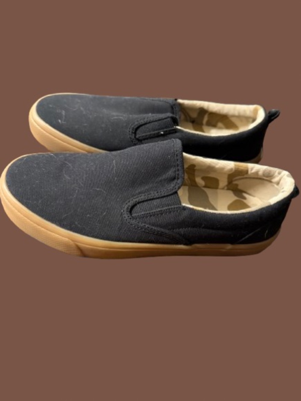 Boys Slip-On Canvas Sneakers in Black/Tan Camo with Gum Sole Size 4